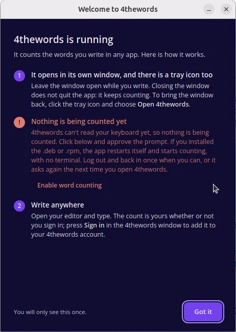 The 4thewords welcome window on Ubuntu saying Nothing is being counted yet, with the Enable word counting link below the message