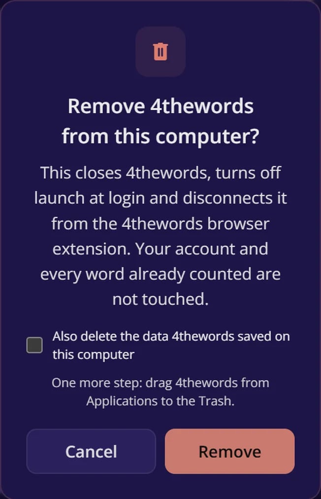 The Remove 4thewords from this computer box, with the Also delete the data 4thewords saved on this computer checkbox and the Cancel and Remove buttons