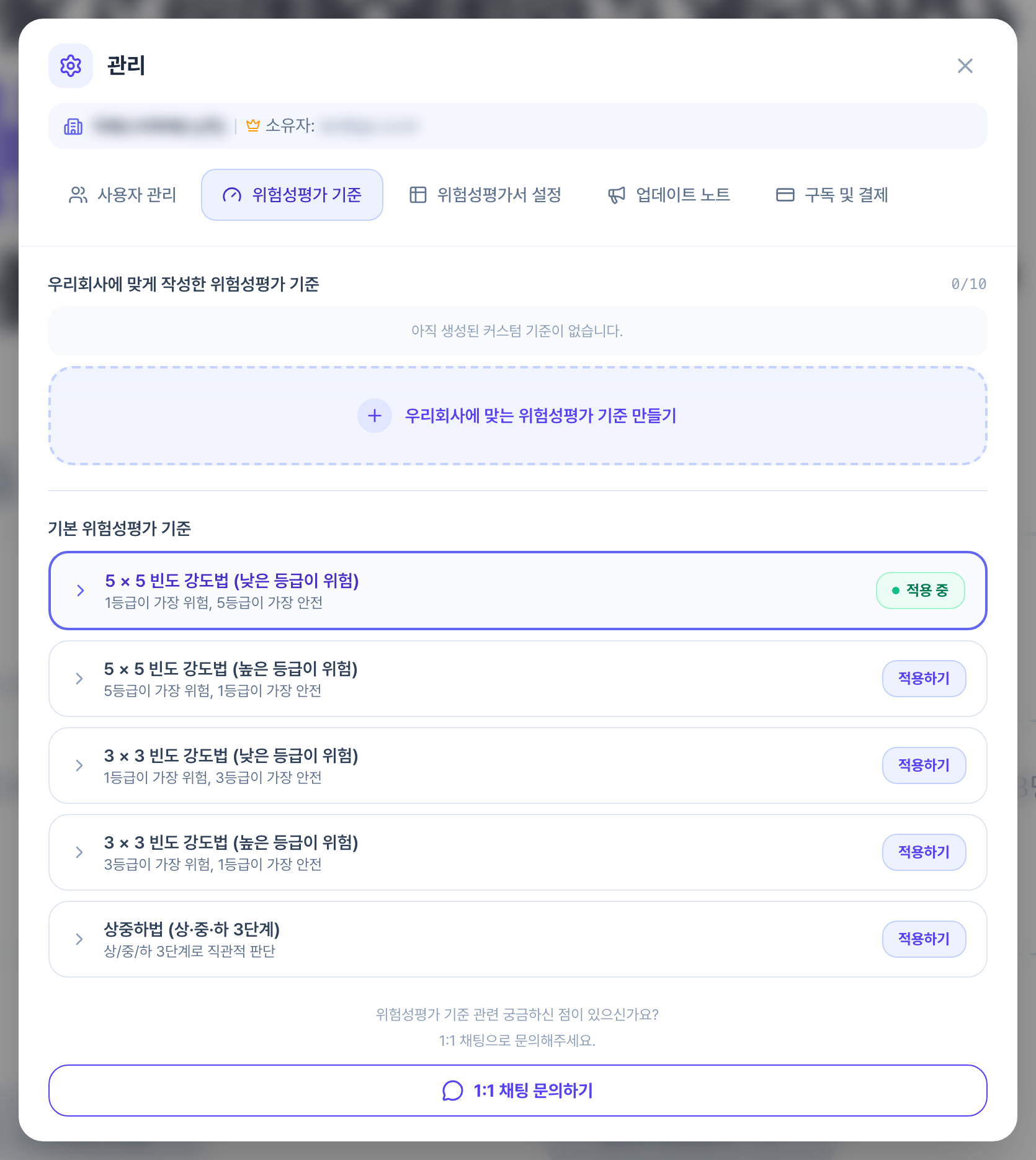 위험성평가 기준 탭. 위쪽에 우리회사에 맞게 작성한 위험성평가 기준 영역과 만들기 버튼, 아래쪽에 기본 위험성평가 기준 5가지가 카드로 나열되어 있고 첫 번째 카드에 적용 중 표시가 있습니다.