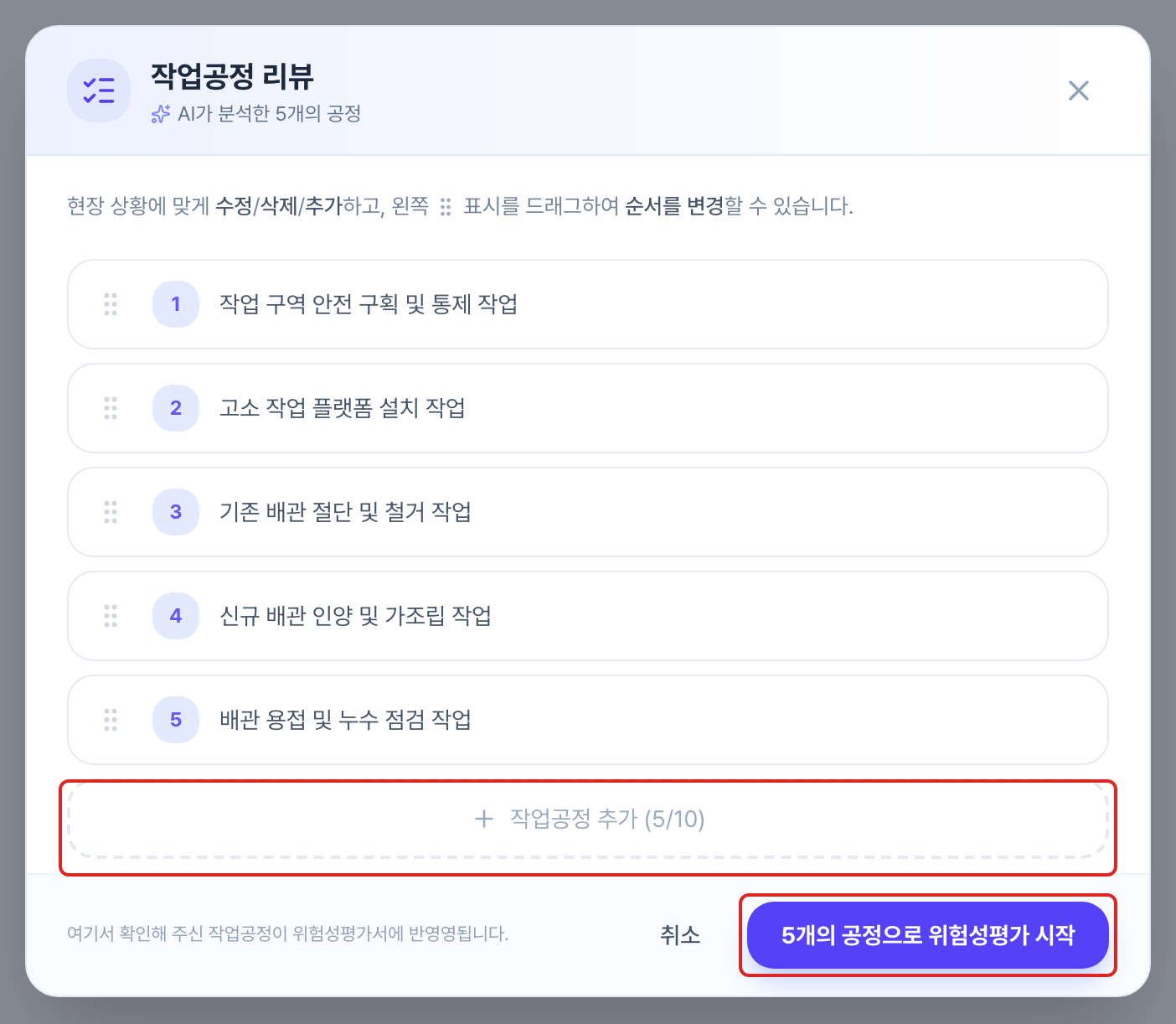 작업공정 리뷰 창. AI가 분석한 5개 공정이 순서대로 나열되고 각 공정 왼쪽에 드래그용 점 표시가 있습니다. 아래쪽 작업공정 추가 버튼과 오른쪽 아래 5개의 공정으로 위험성평가 시작 버튼이 빨간 네모로 표시되어 있습니다.