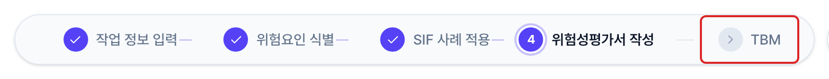 상단 진행 표시 메뉴. 작업 정보 입력부터 위험성평가서 작성까지 이어진 오른쪽 끝의 TBM이 빨간 네모로 표시되어 있습니다.