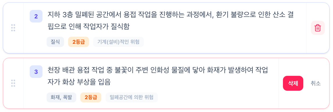 삭제하려는 예상위험이 붉게 강조되고 삭제·취소 버튼이 표시된 모습.