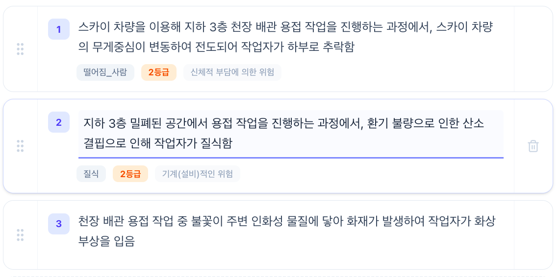 예상위험 텍스트에 커서가 놓여 직접 편집이 활성화된 모습.