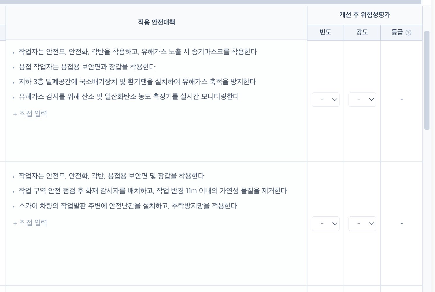 적용 안전대책 열과 아직 값이 비어 있는 개선 후 위험성평가의 빈도·강도·등급 칸.