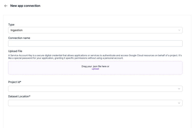 BigQuery ingestion app connection configuration showing service account upload and project settings