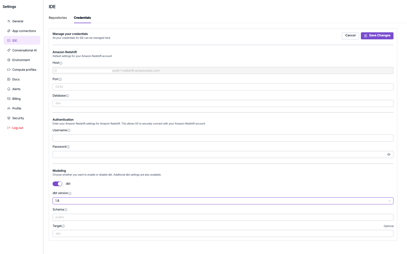 Redshift IDE Credentials Setup