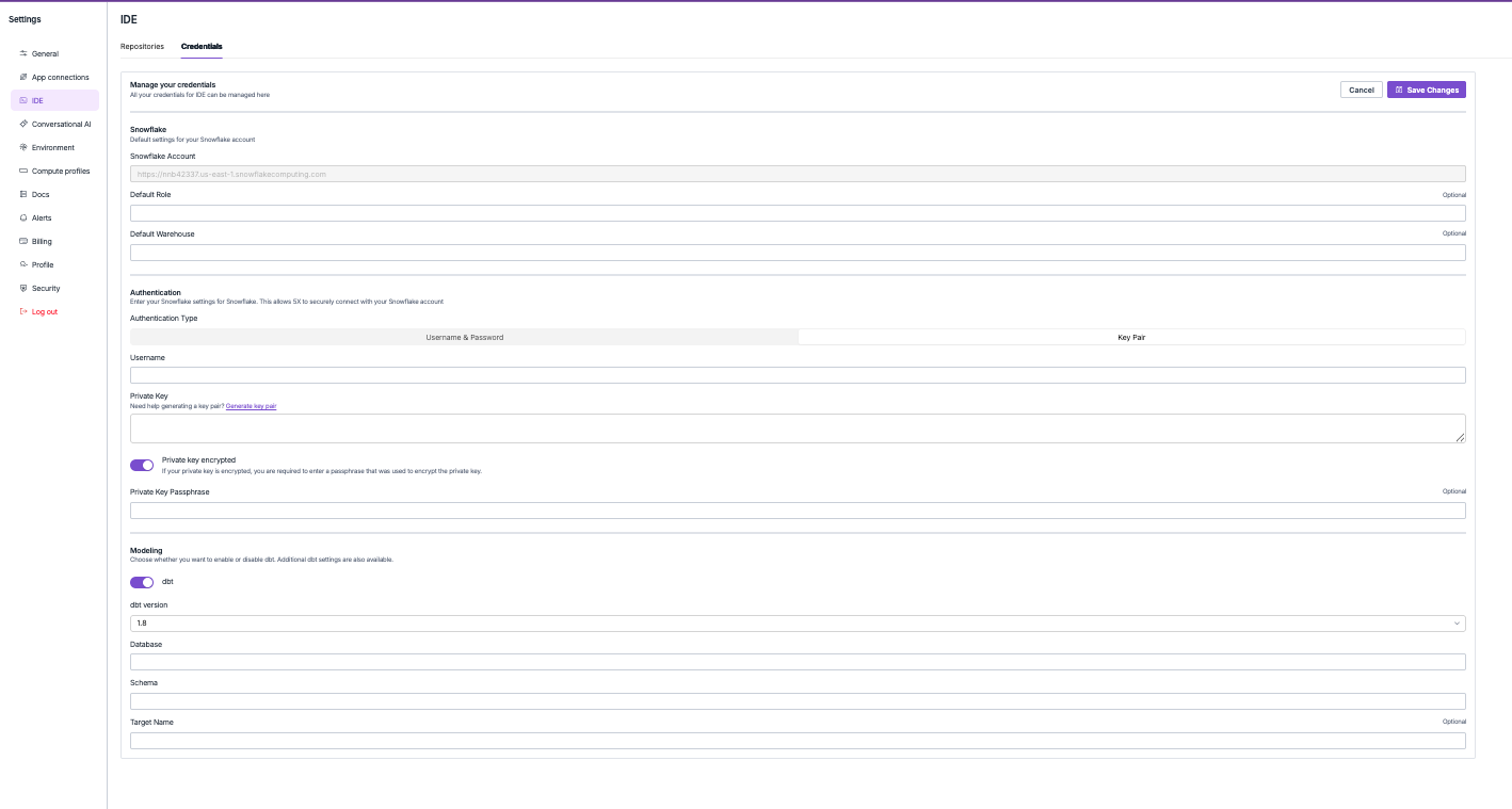 Snowflake IDE Credentials Setup