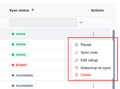 Connector actions menu showing Pause, Sync now, Edit setup, Historical re-sync, and Delete options