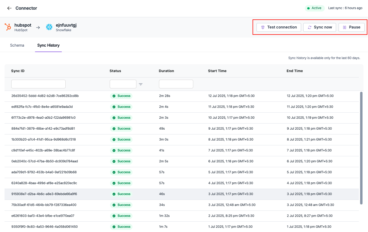 Individual connector detail page showing HubSpot to Snowflake connection