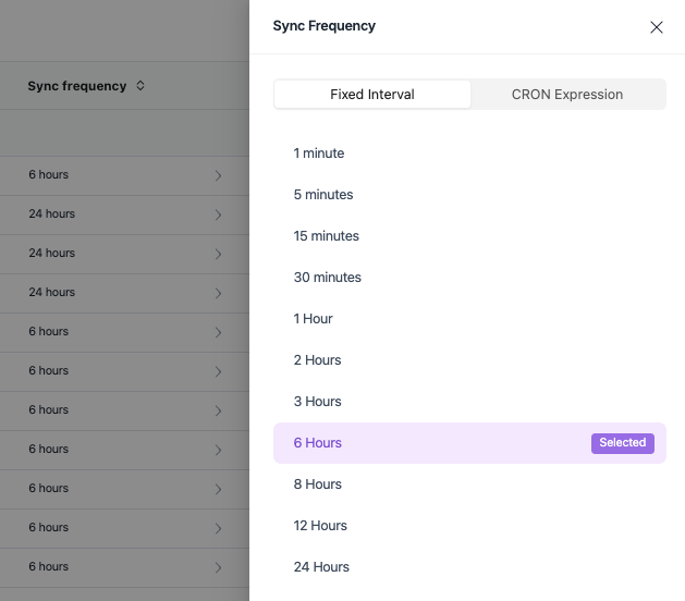 Sync frequency selection dialog with Fixed Interval and CRON Expression options