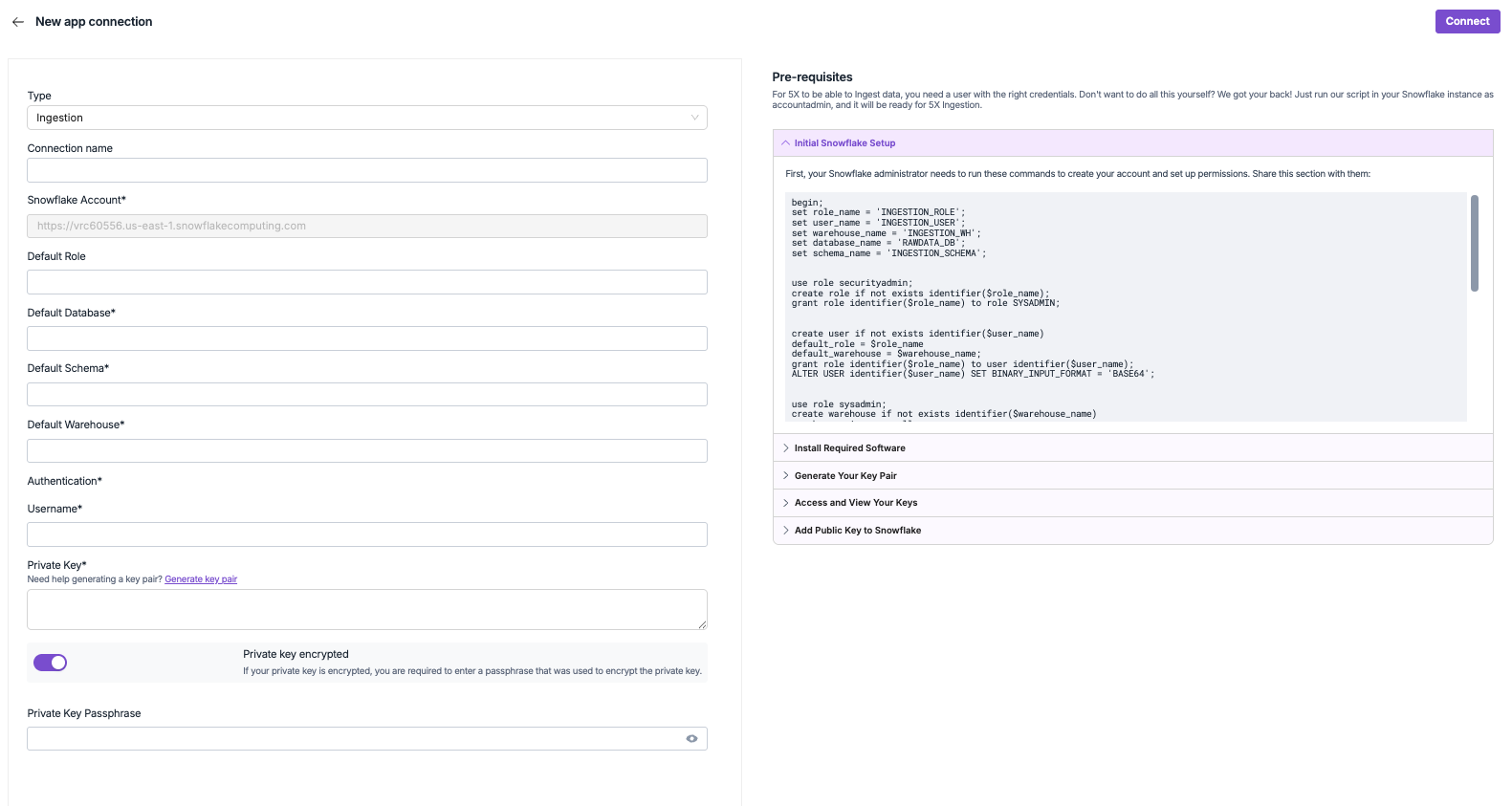 Snowflake Business Intelligence app connection configuration showing all required fields