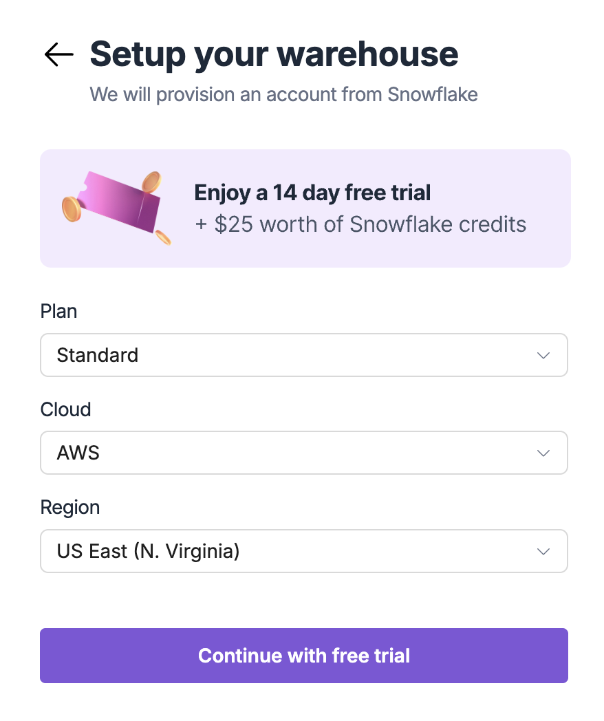 5X managed warehouse setup screen showing plan, cloud, and region selection with free trial offer