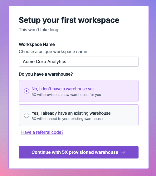 Workspace setup form showing workspace name field and warehouse selection options