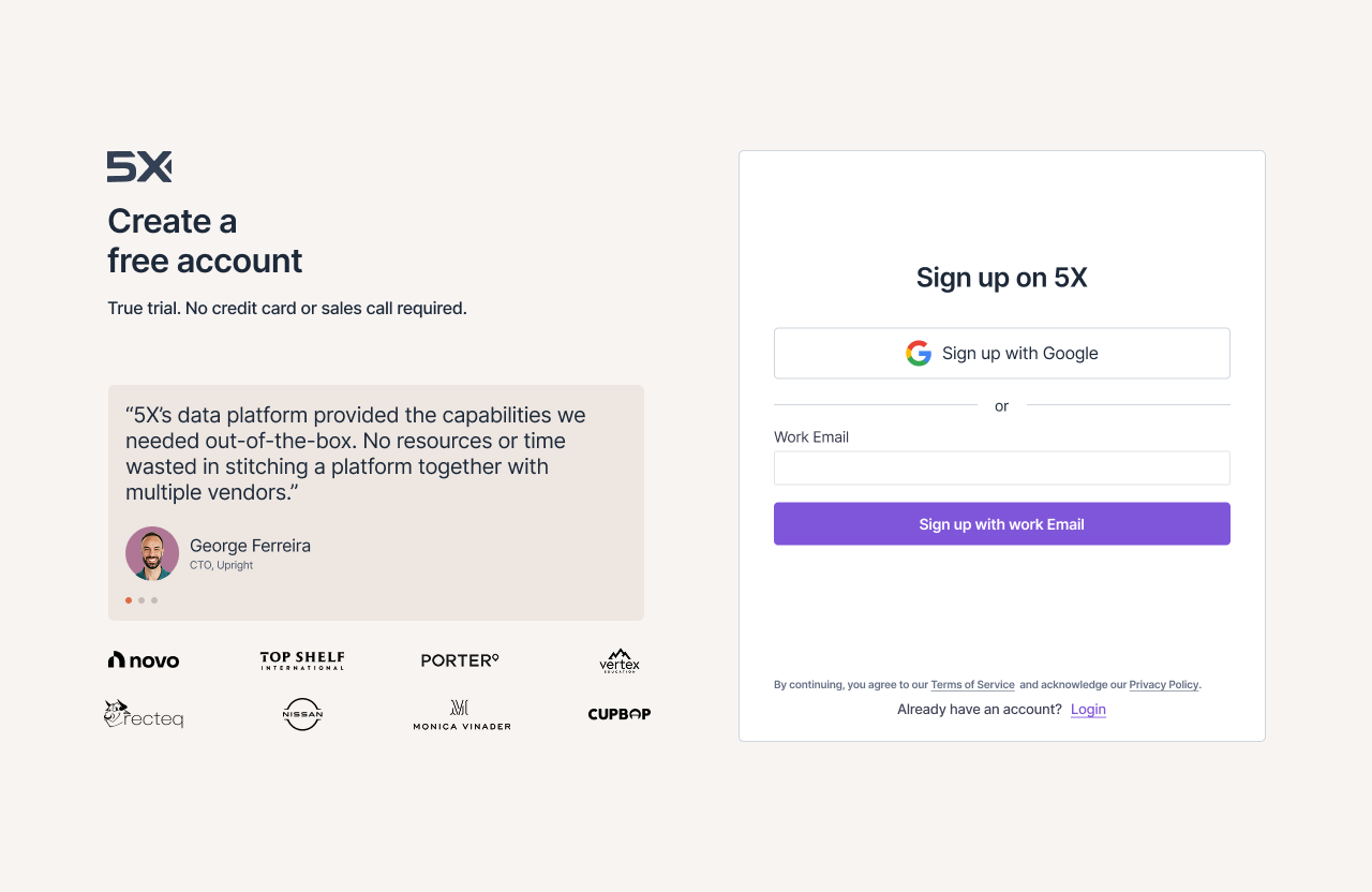 5X Platform signup page showing account creation options with Google authentication and email signup