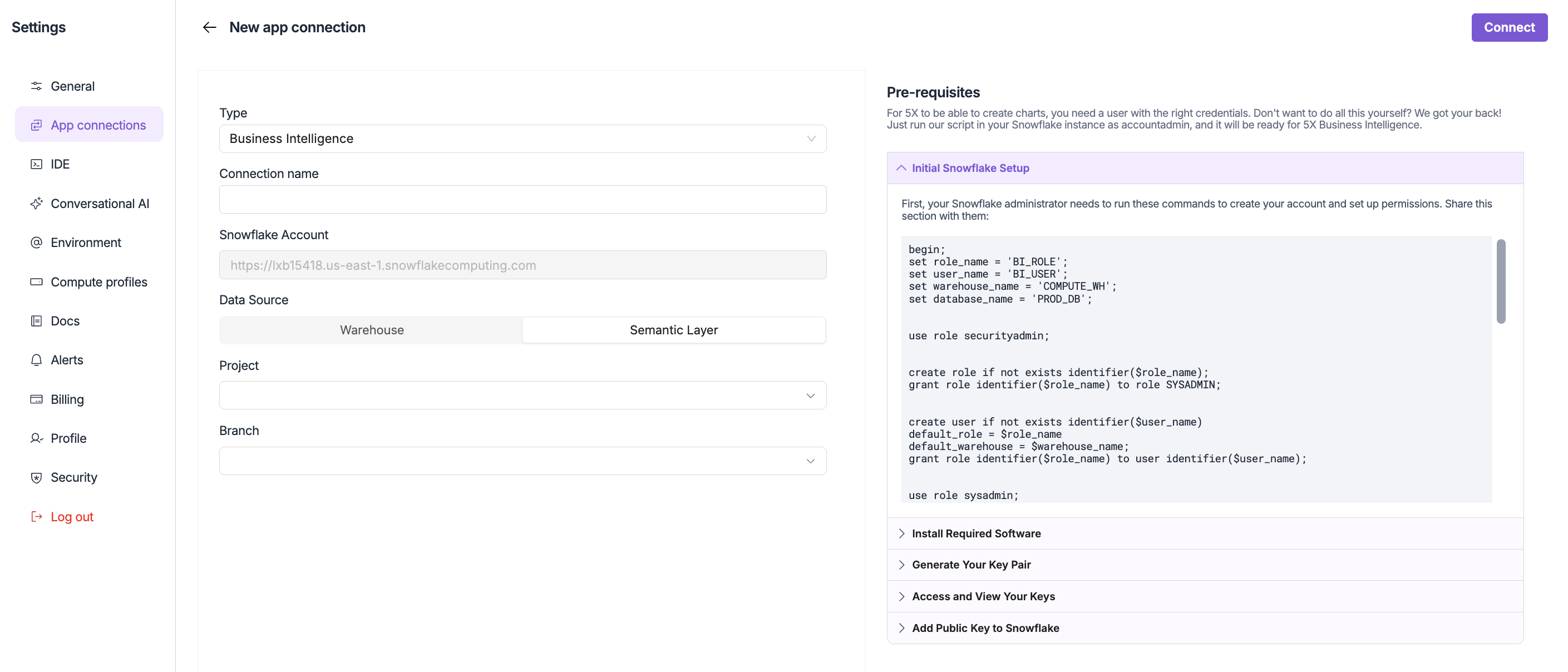 5X Business Intelligence App Connection Configuration