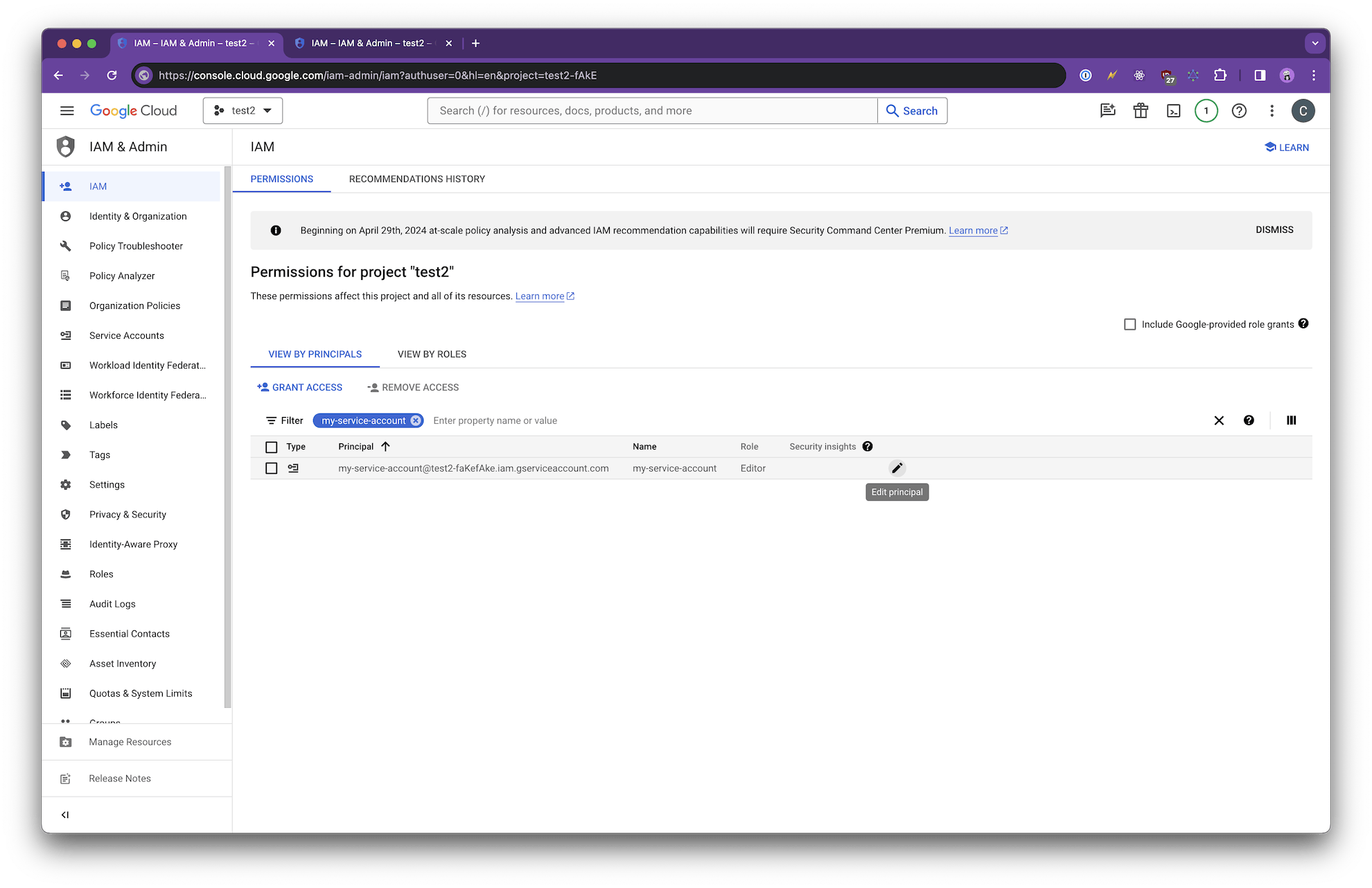 IAM Admin page in Google Cloud Console