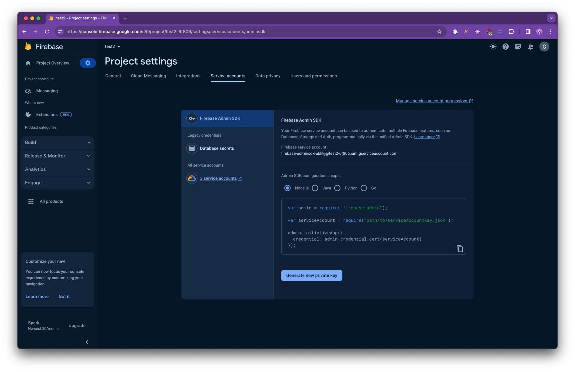 Firebase Service accounts settings
