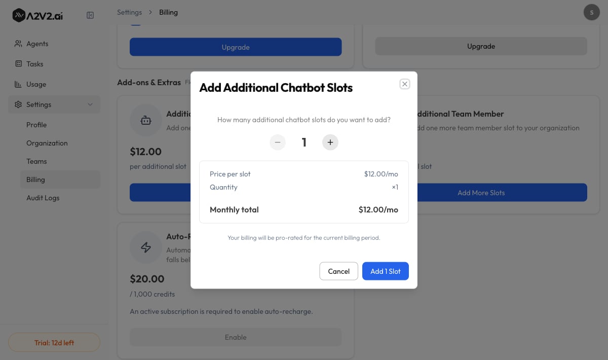 Add Slots dialog with quantity stepper, price per slot, and monthly total