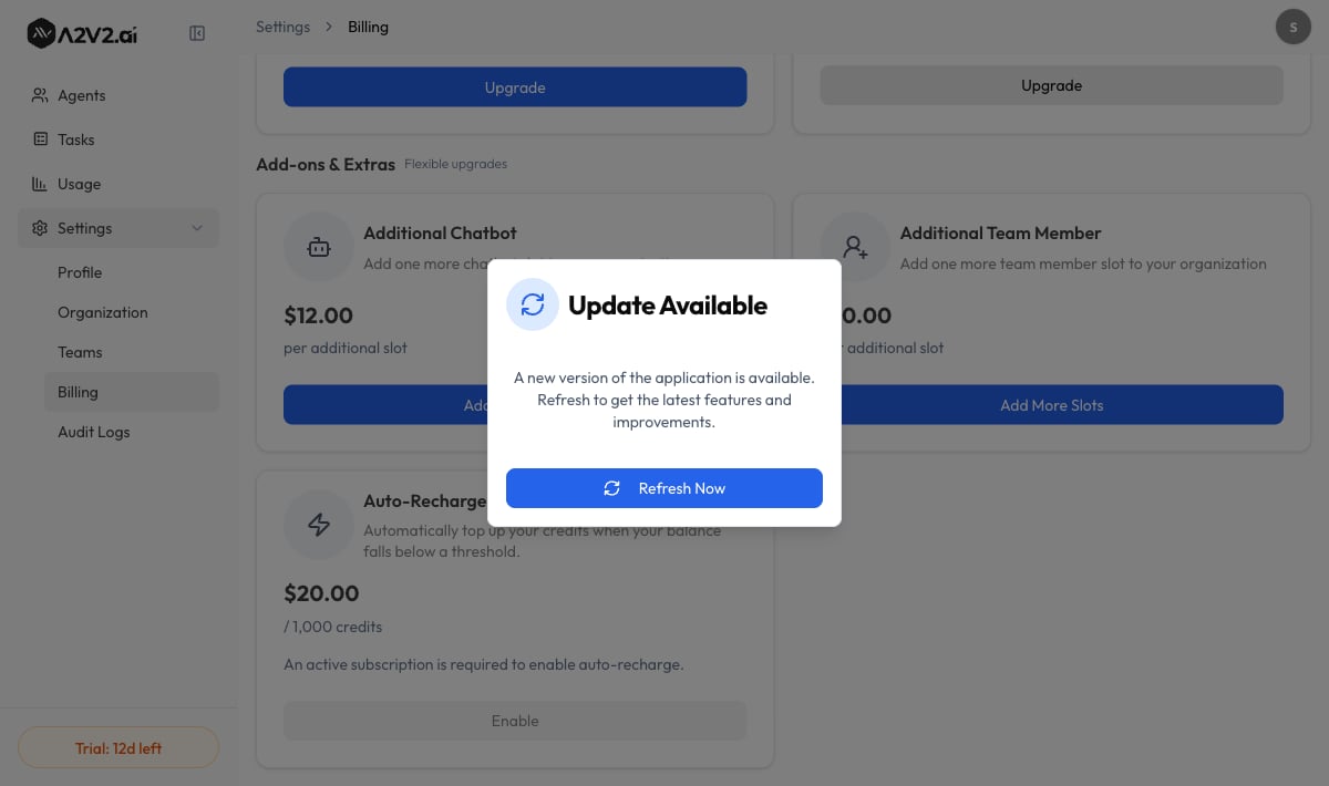 Auto-Recharge panel showing the toggle, per-1,000-credits rate, and max recharges per month