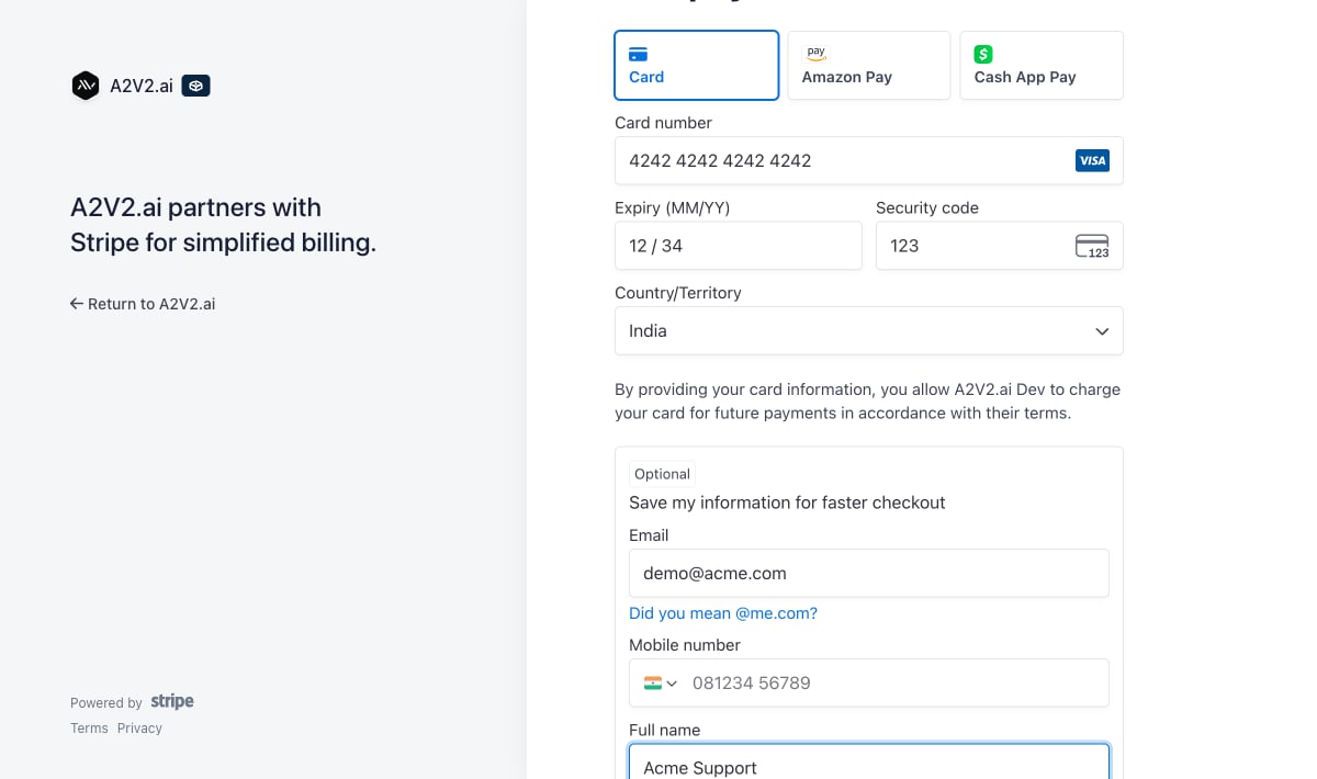 Stripe secure checkout page for entering payment details