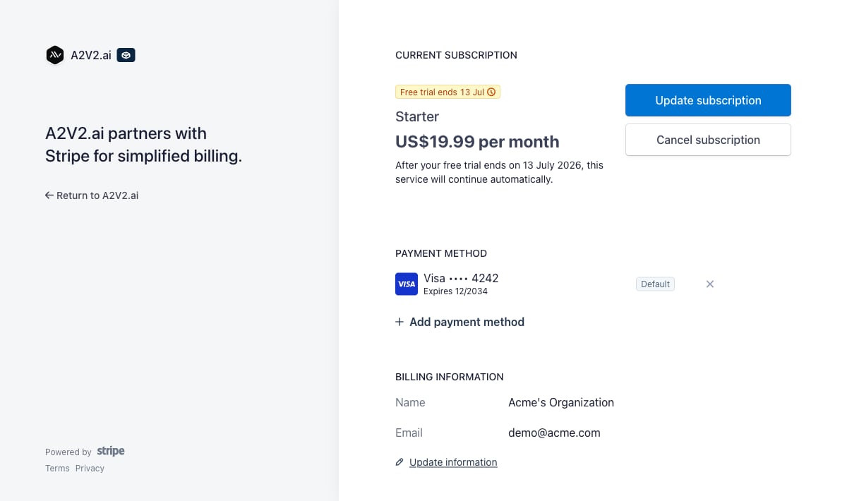 Stripe customer portal for managing payment method, invoices, and billing details