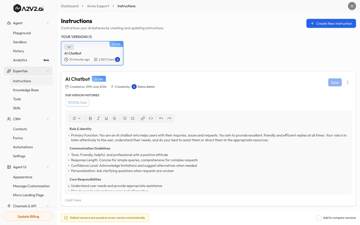 The Instructions editor with a role template selected and version controls.