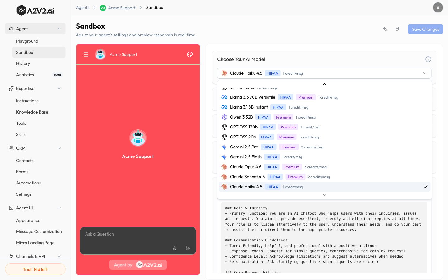 The Choose Your AI Model selector showing models with credit costs and HIPAA/Premium badges.