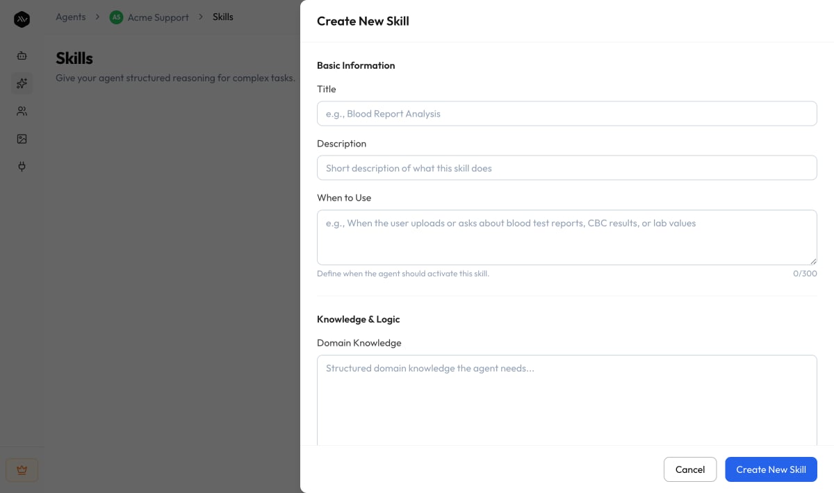 The Create New Skill builder with Basic Information, Knowledge & Logic, and Constraints & Output sections.