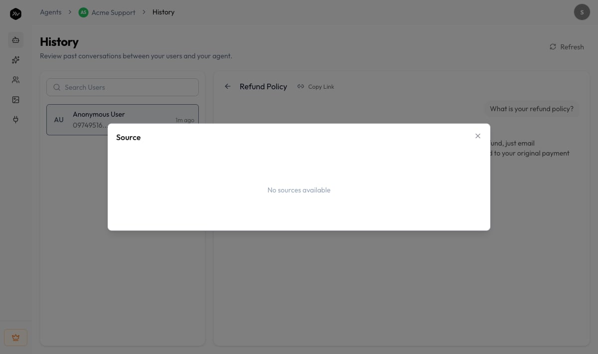 The Source modal showing the knowledge sources that grounded an answer, with ID, Name, Type, Archived, and Created columns