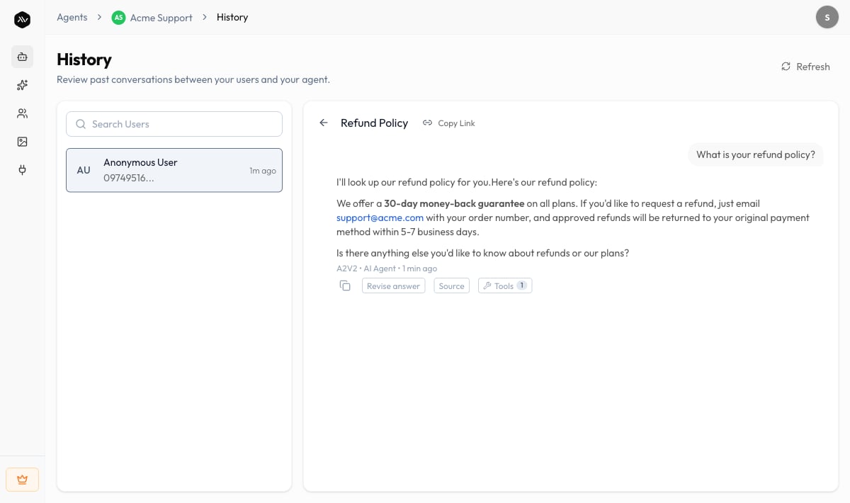 History screen with the users list, conversation list, and full conversation transcript