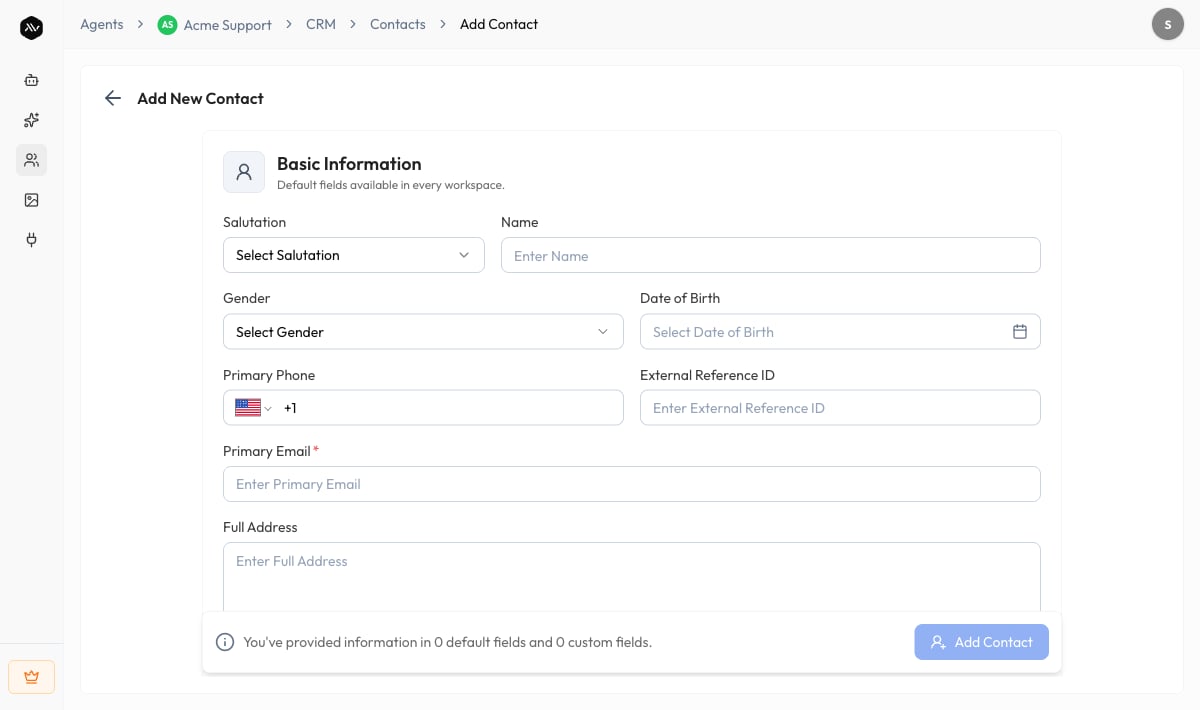 Add New Contact form with Basic Information and Custom Fields sections