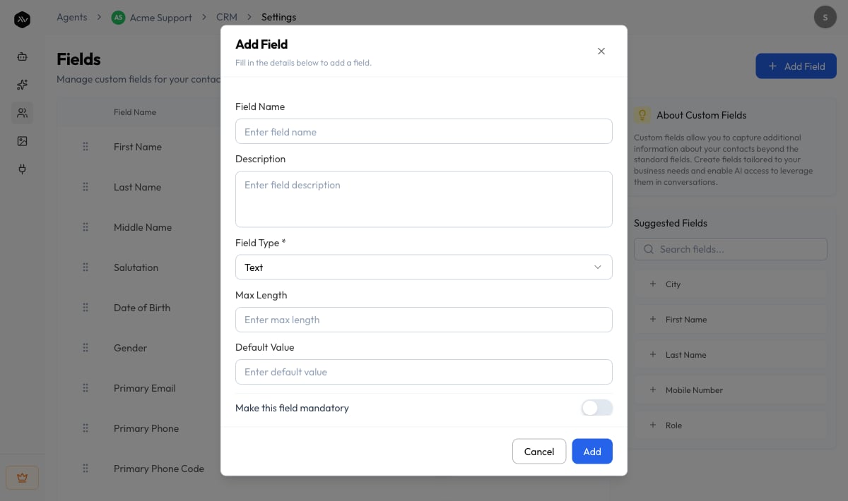 Add Field dialog showing the Field Type dropdown and conditional options