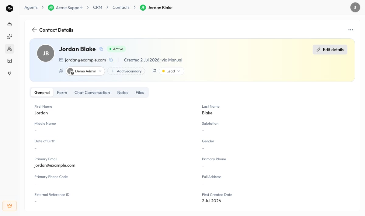 Contact detail Notes tab with the Add Note modal open
