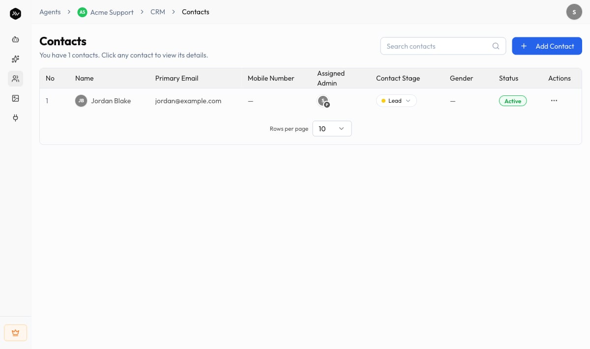 CRM Contacts list showing contact rows and the search box