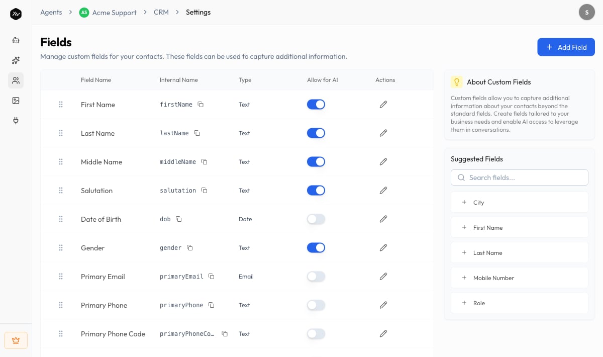 CRM Fields screen with the Add Field button and custom fields listed
