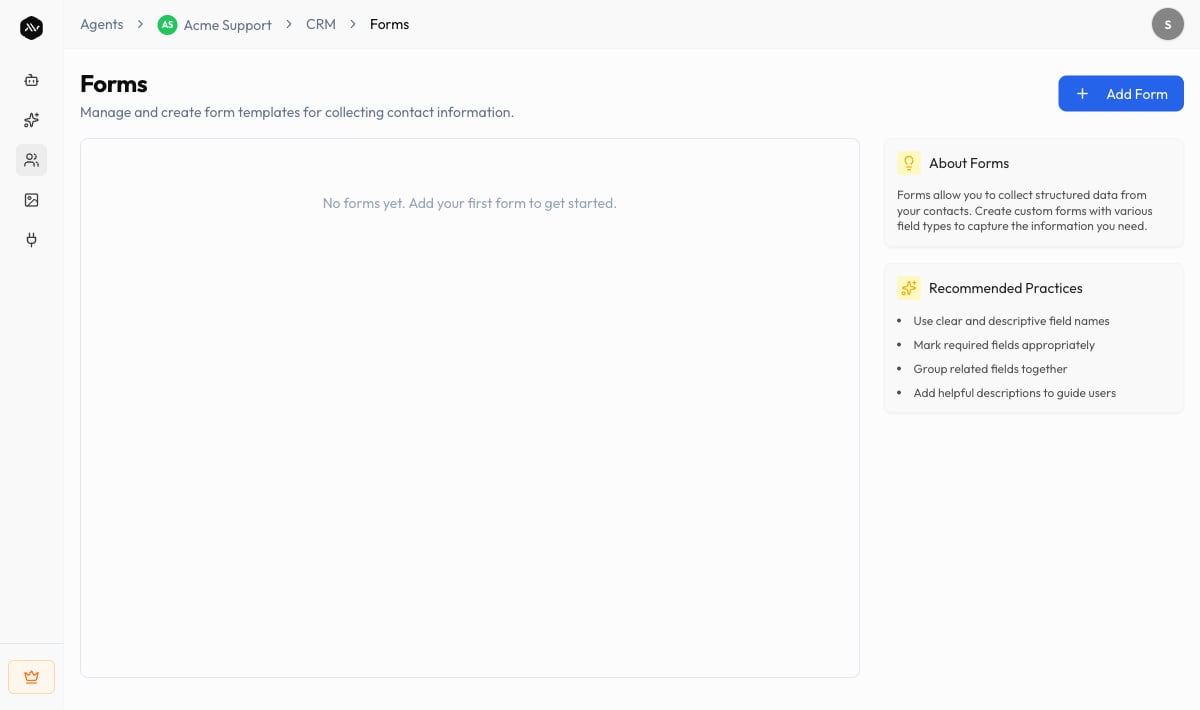 Form Builder with the field palette, canvas, and settings panel