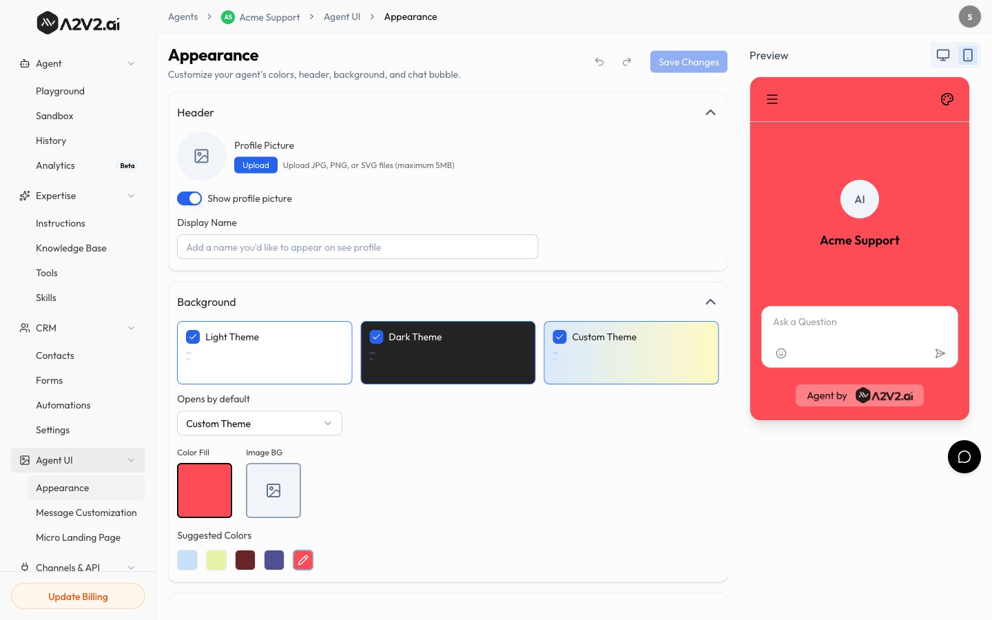 The Appearance panel with brand colors and avatar set, with a live preview.
