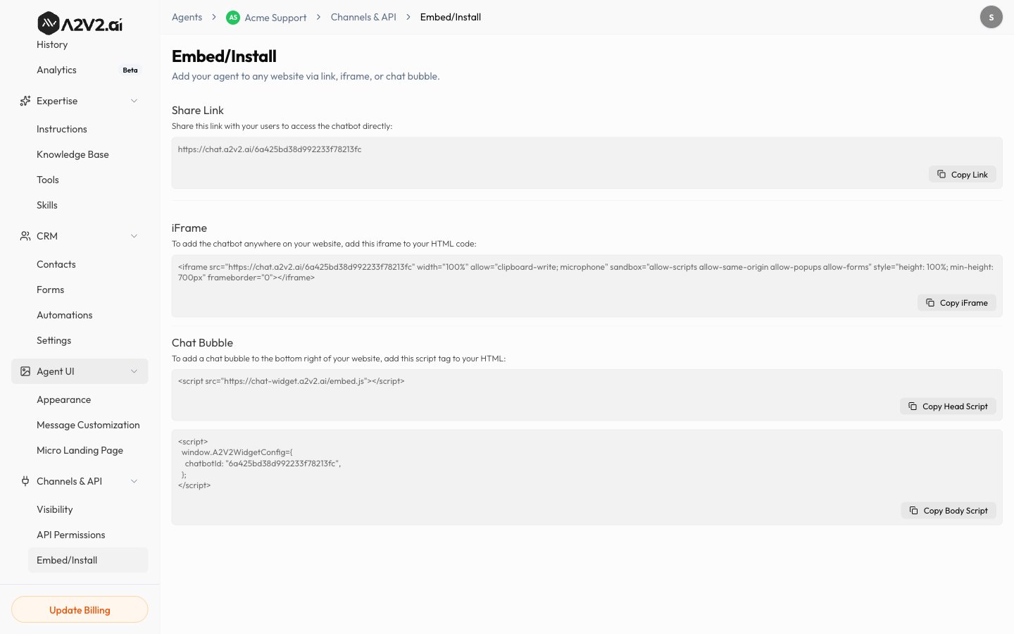 The Embed/Install screen with the Share Link, iframe, and Chat Bubble snippets.