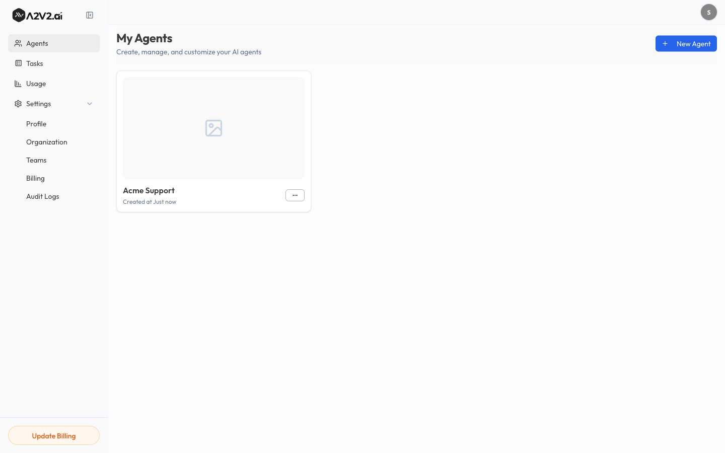 The Agents dashboard listing existing agents with a New Agent button.