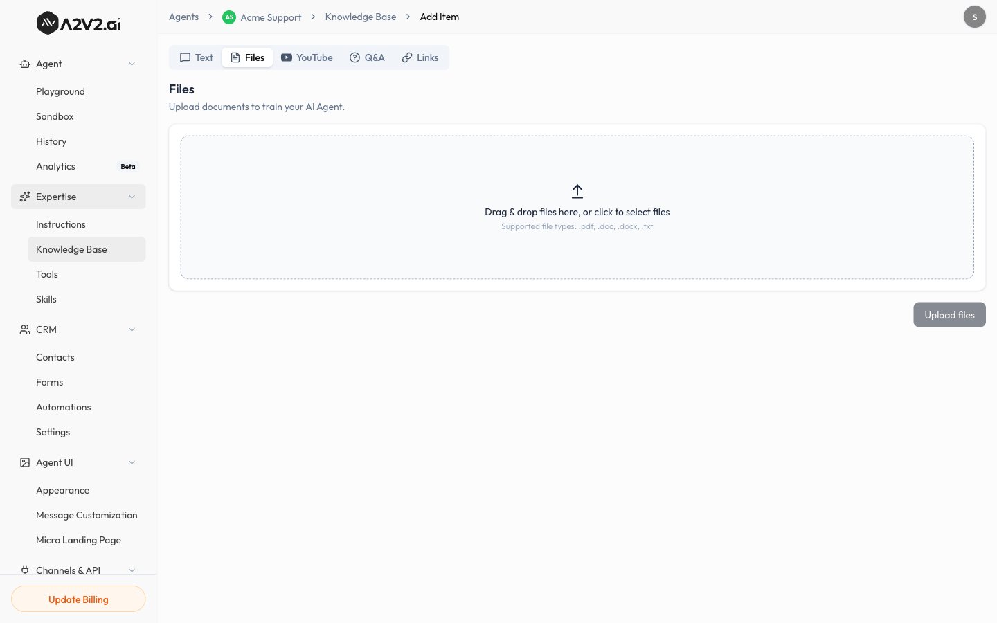 The Files tab of New Knowledge Item with a document selected.