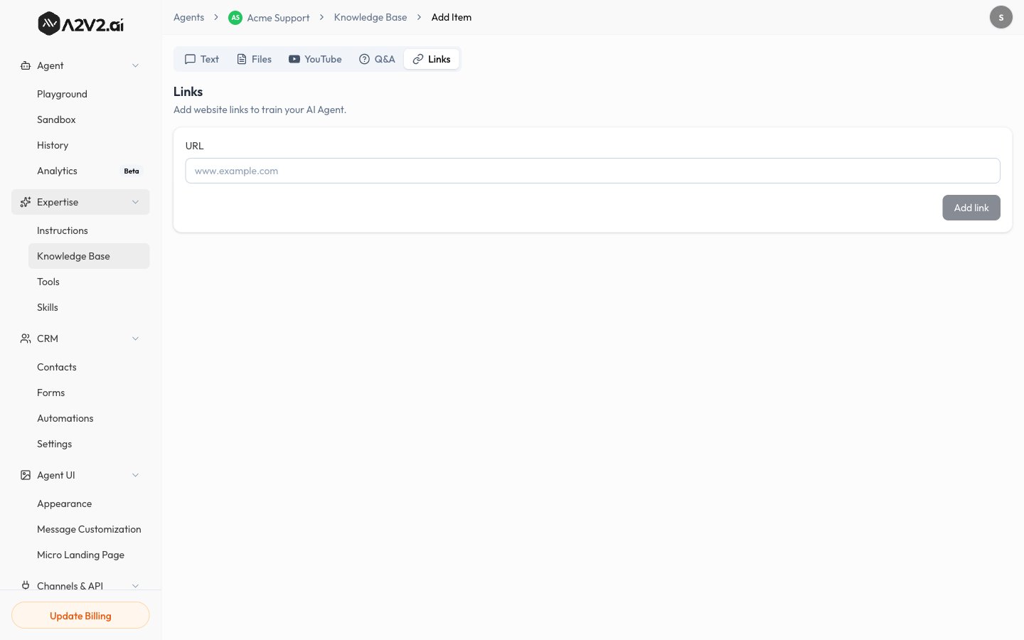 The Links tab of New Knowledge Item with a website URL entered.