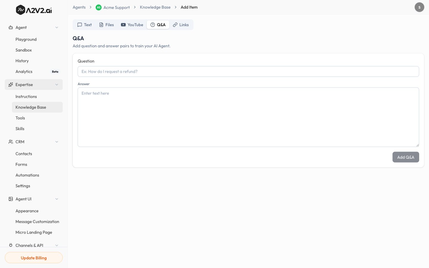 The Q&A tab of New Knowledge Item with a question and answer entered.