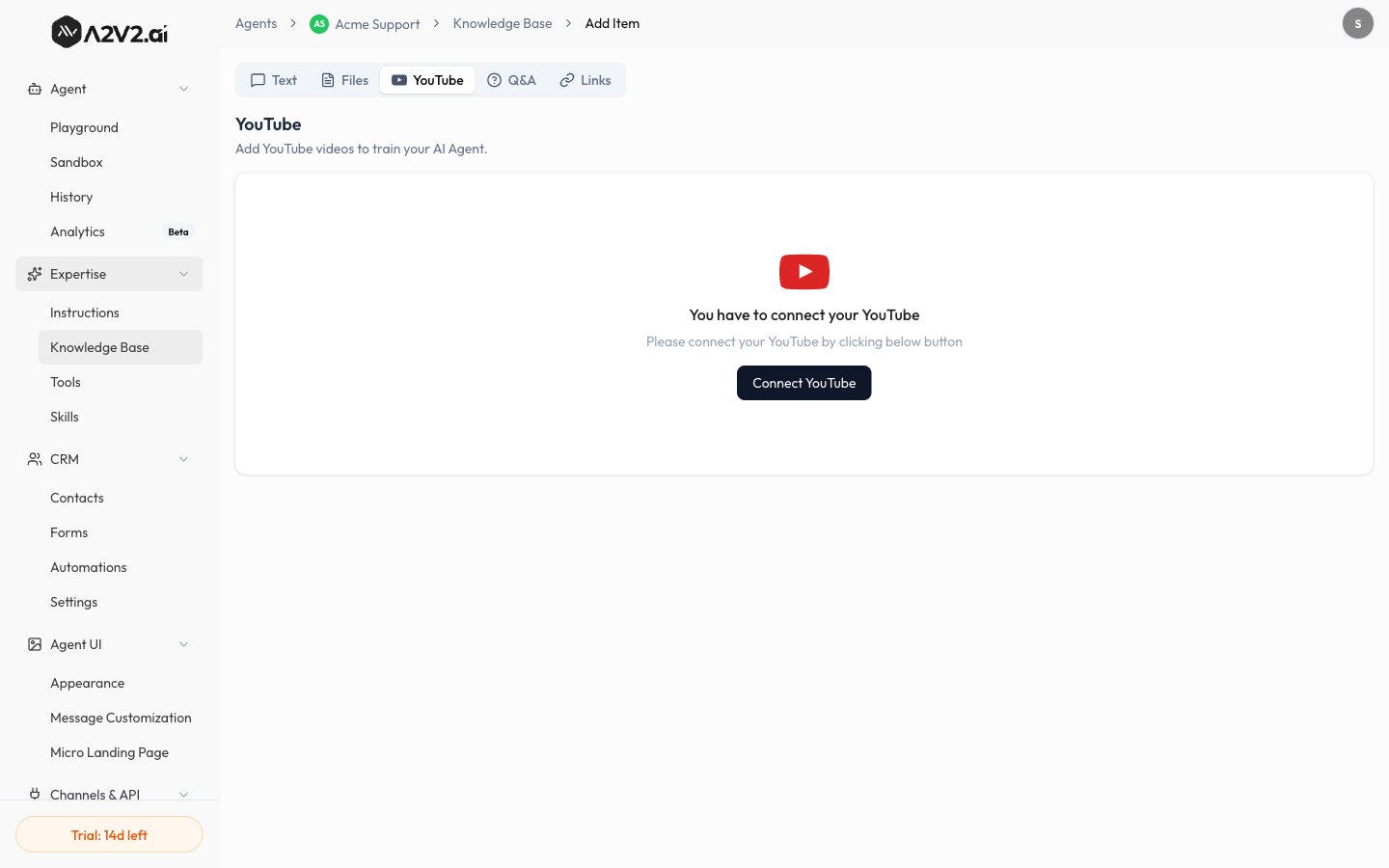 The YouTube tab of New Knowledge Item with a video URL entered.