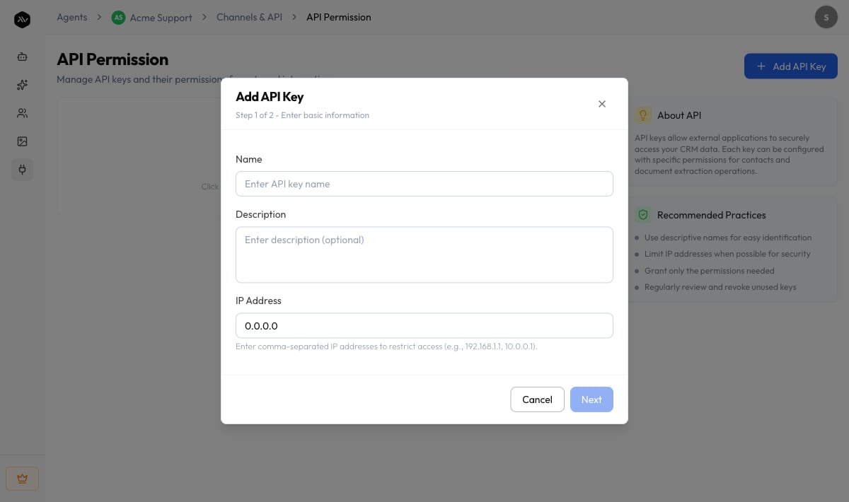 The Add API Key modal at Step 1 of 2, with Name, Description, and IP Address fields.