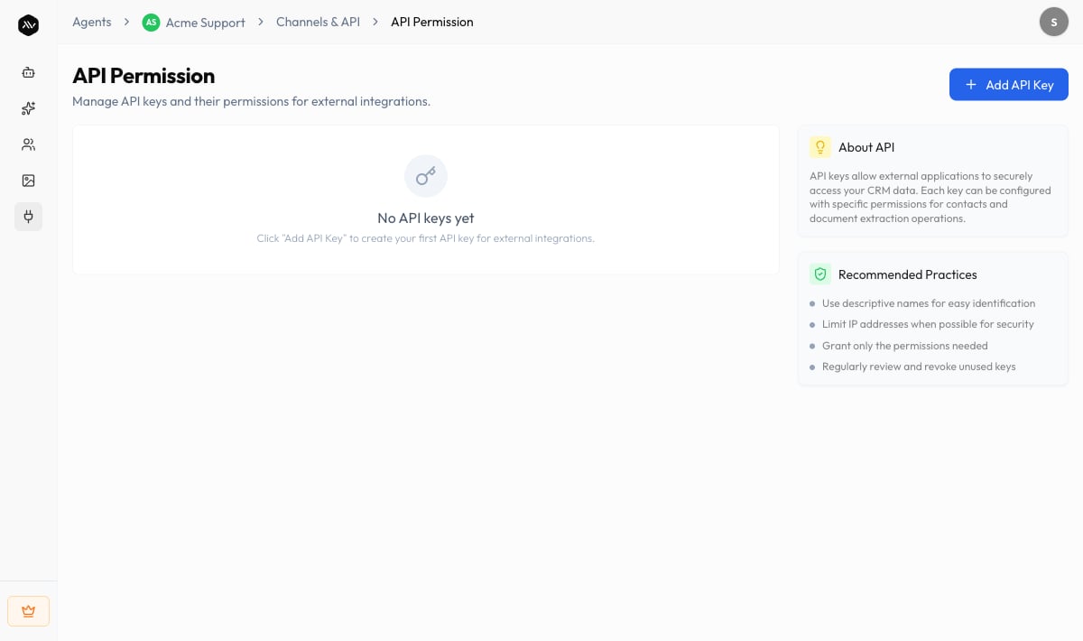 The API Permission screen listing API keys with their Name, Access badges, and Created date, and the Add API Key button.