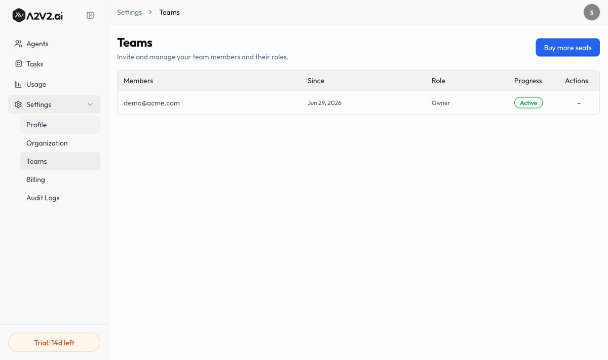 The Teams screen with the member table showing Members, Since, Role, and Progress columns and the New Member button.