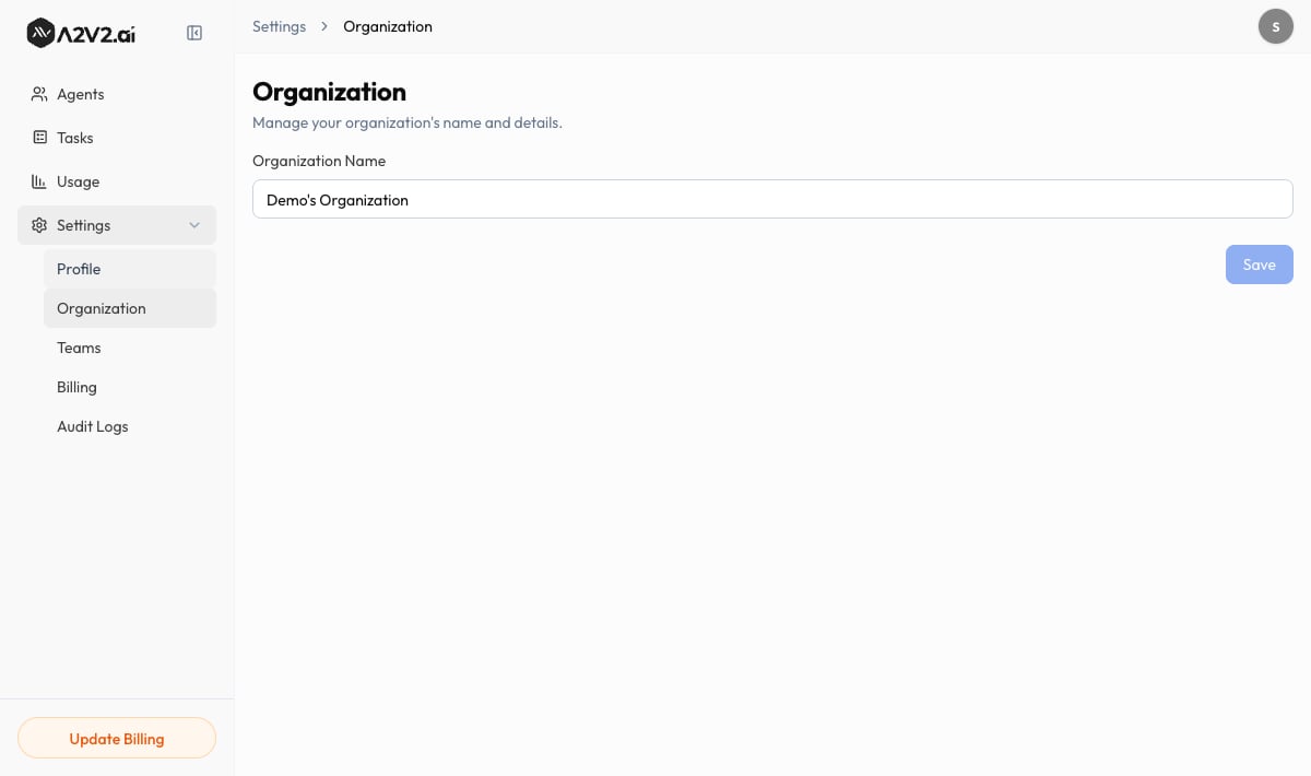 The Organization settings screen with the Organization Name field and a Save button.