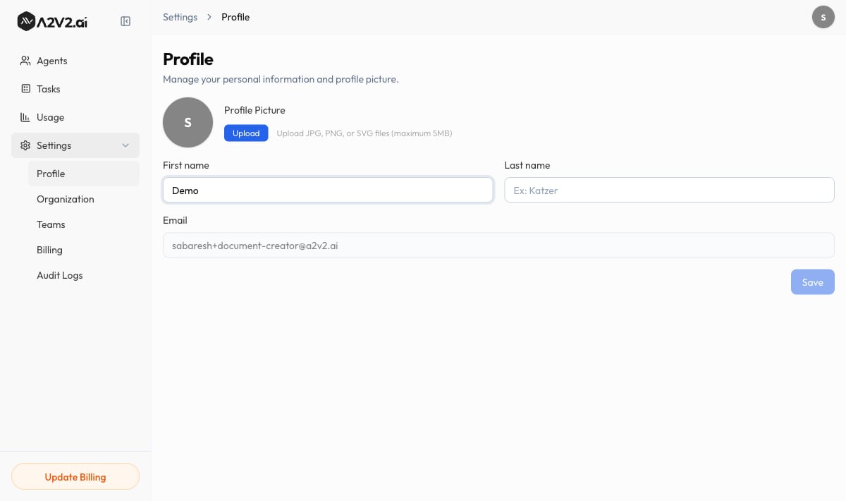 The Profile screen with the Profile Picture upload, First name and Last name fields, and the read-only Email field.