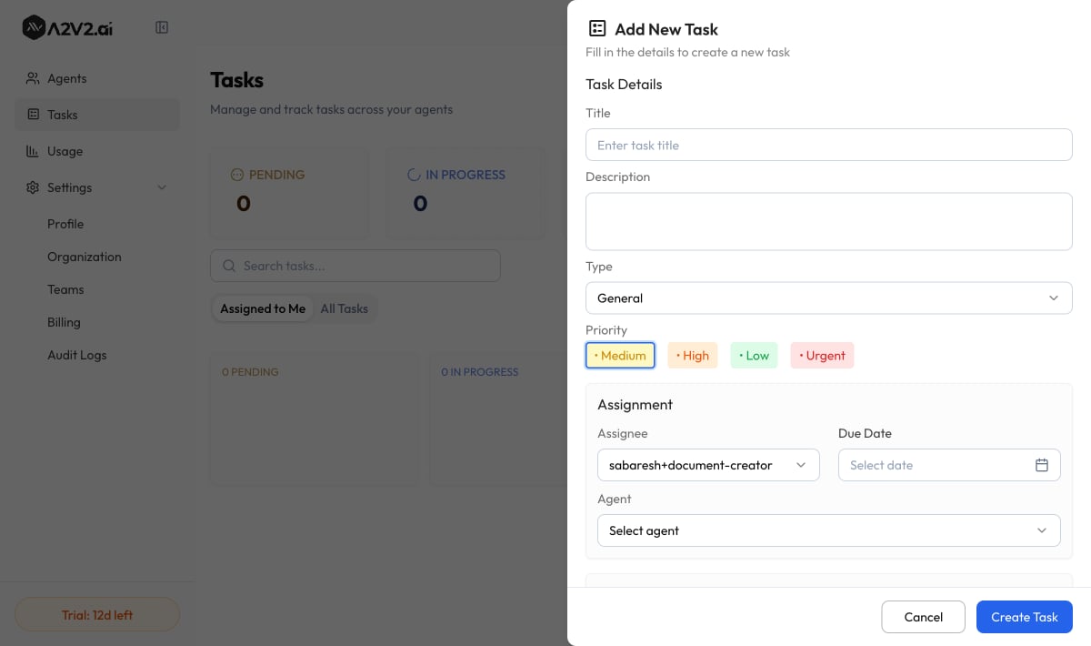 The Add New Task drawer with the Task Details, Assignment, and More Options sections.