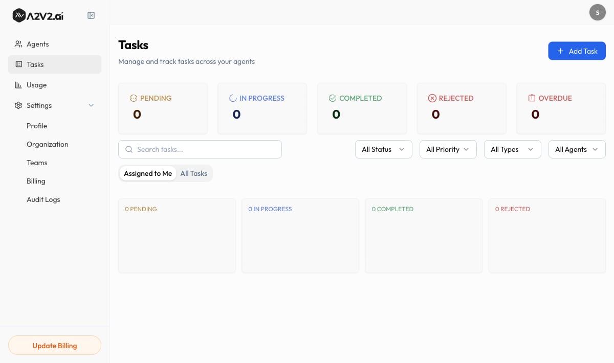 Tasks page with task cards, status chips, the Assigned to Me and All Tasks tabs, and the Add Task button